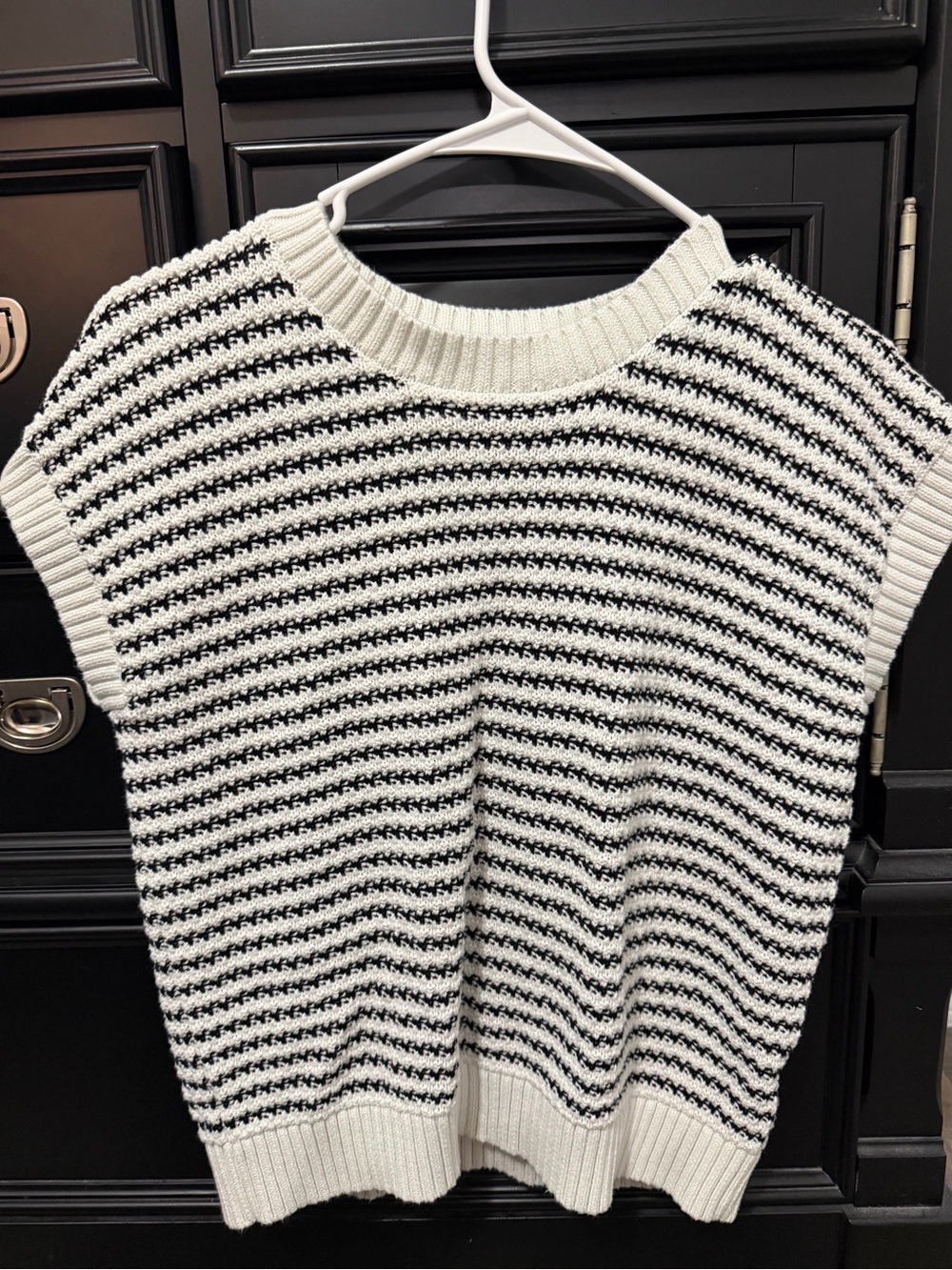 Black and White Striped Knit Crewneck Sweater Vest